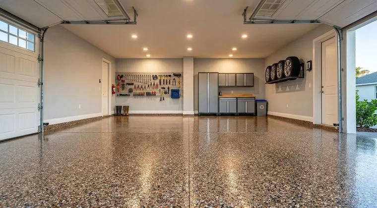 Clean decorative flake epoxy garage floor in a Brevard County home