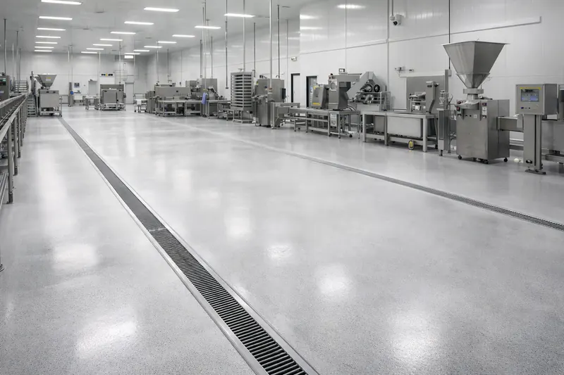Food processing plant floor with drainage channel Brevard County