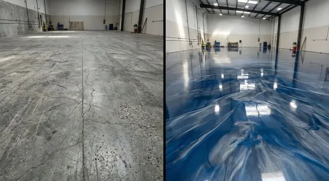 Media room blue-gray metallic epoxy floor Brevard County