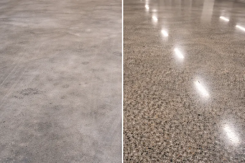Polished concrete before and after — raw concrete vs high-gloss finish Brevard County