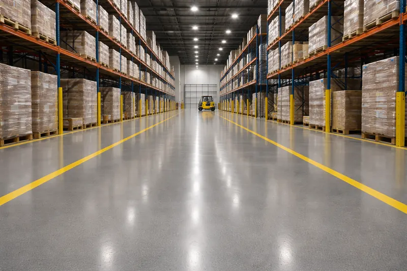 Warehouse epoxy floor with yellow safety line markings Brevard County
